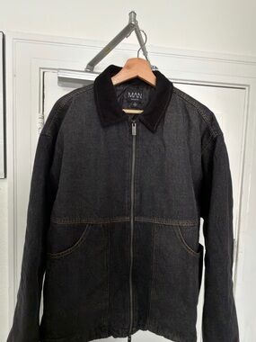Boohoo Black Denim Zip Jacket with Corduroy Collar
